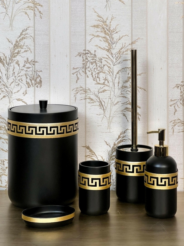 Neoclassical Bath Set Matte Black Finish Gold Meander Border