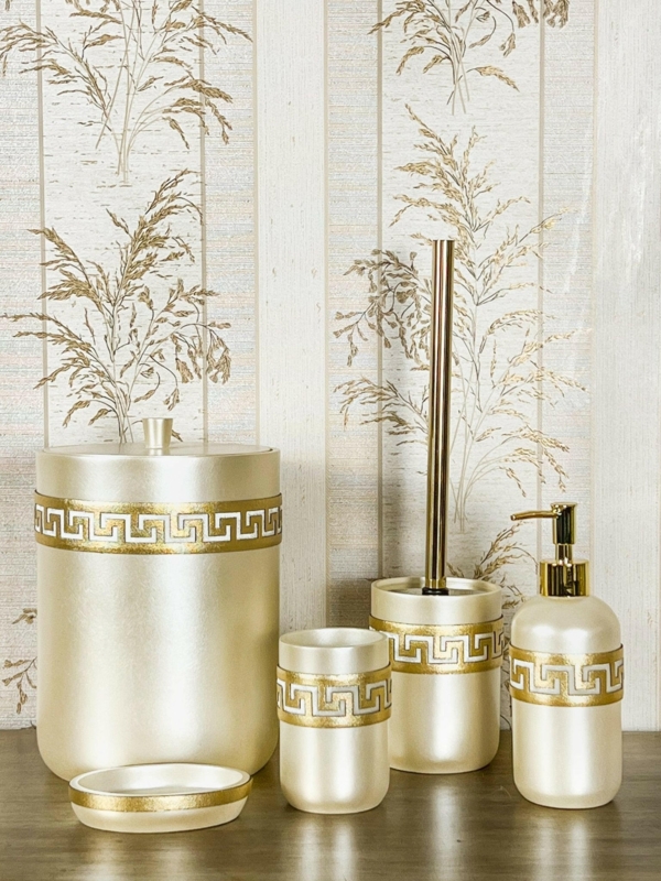 Neoclassical Bathroom Set Pearlescent Cream Greek Key Gold Border