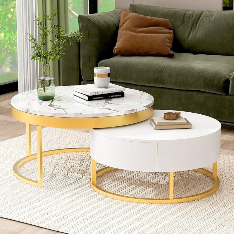 Nesting Coffee Table Set Gold Frame Faux Marble and Glossy White Base