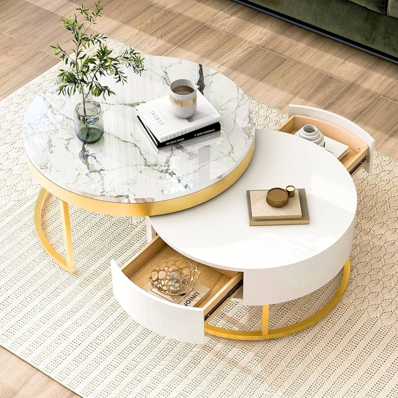 Nesting Coffee Table Set Round Marble Top with Nested Storage Drawers