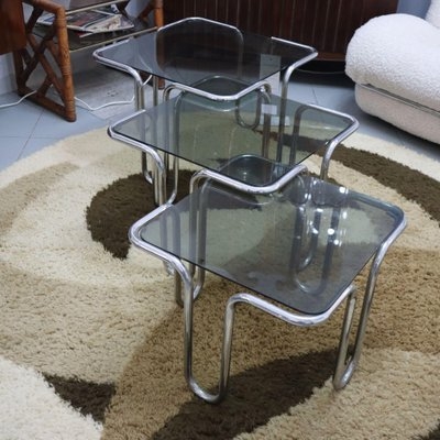 Nesting Tables Set of 3 Smoked Glass Tops Tubular U-Shaped Legs