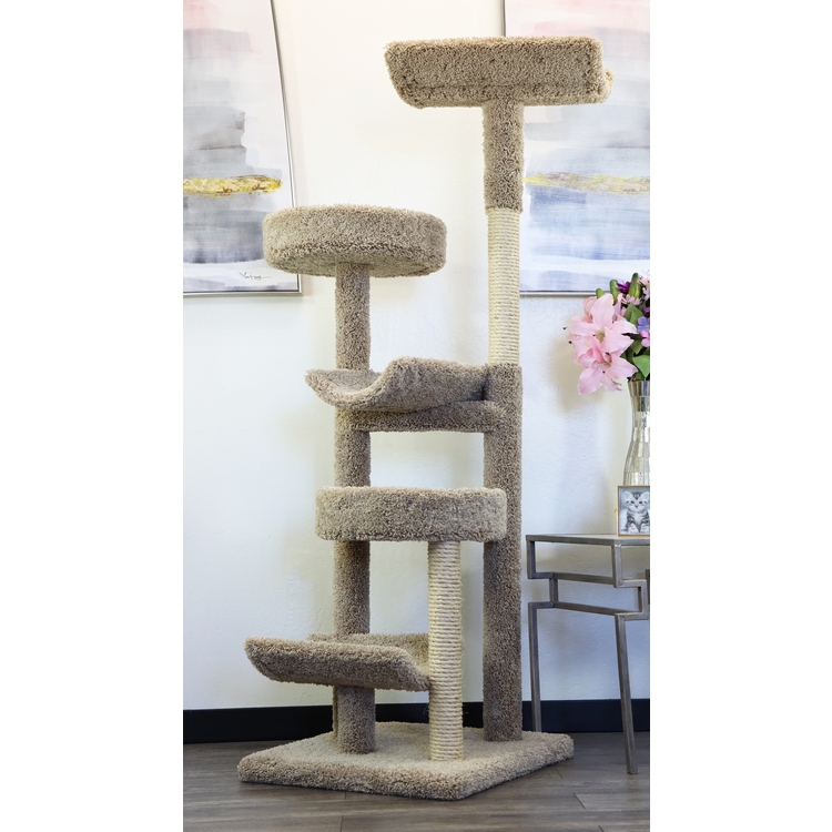 Neutral Plush Cat Tree Staggered Platforms Beige Shaggy Carpet Scooped Beds