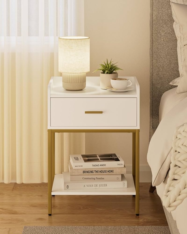 Nightstand Crisp White Brushed Gold Open Lower Shelf Modern
