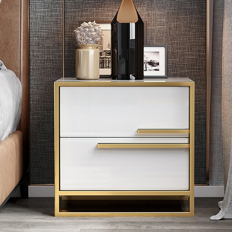 Nightstand Glossy White Gold Metal Frame Offset Handles Modern