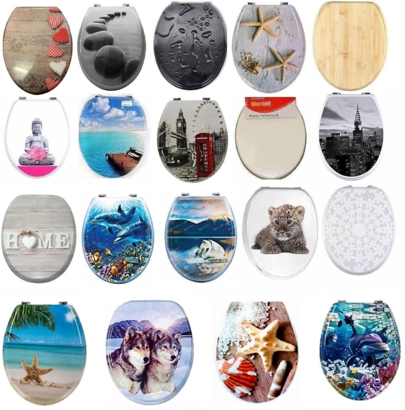 Novelty Printed Toilet Seats with Thematic Photographic Graphics.