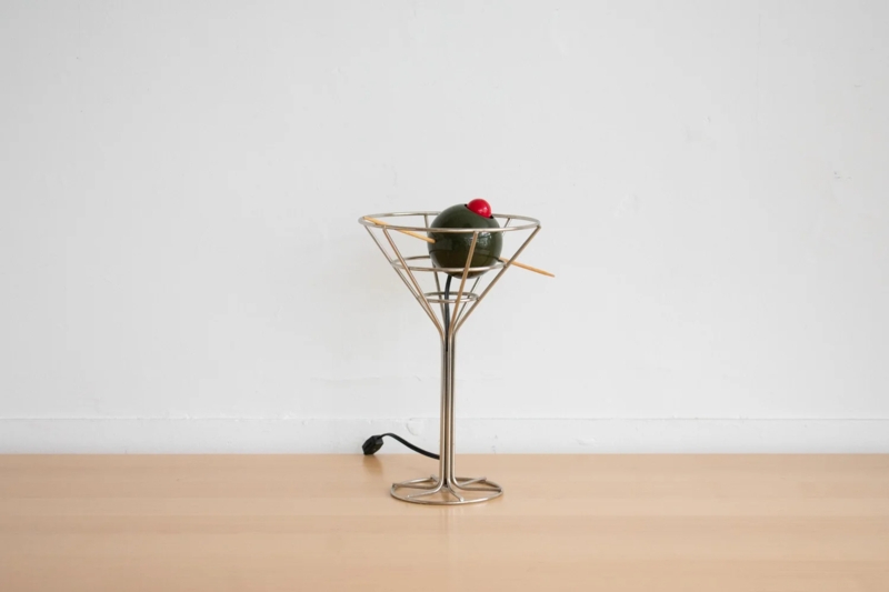 Novelty Table Lamp: Polished Wireframe with Wooden Skewer Olive Motif.