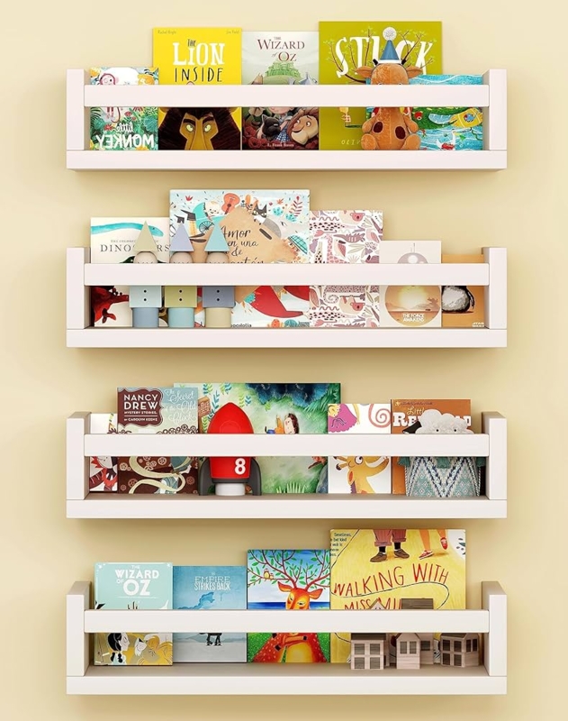 Nursery Bookshelf Front Safety Rail Vertical Stack Floating Design
