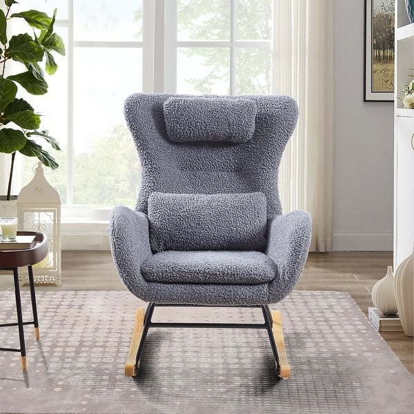 Nursery Rocking Chair with High Wingback, Metal Frame and Wood Rockers