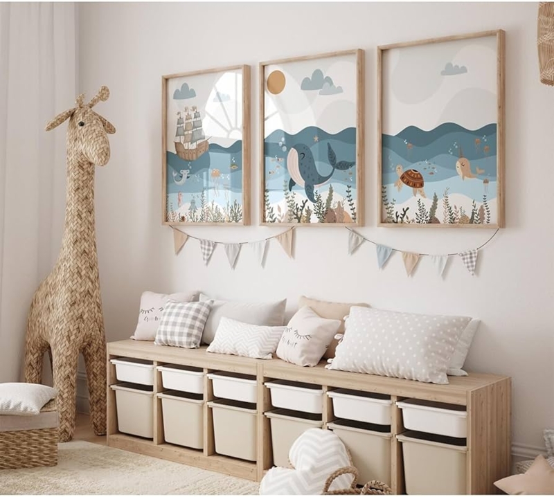 Nursery Wall Art Set Muted Ocean Tones Nautical Illustrations Whale Scandi