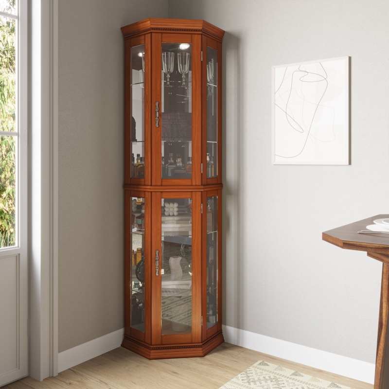 Oak Glass Display Cabinet with 3-Side Glass and Corner Design