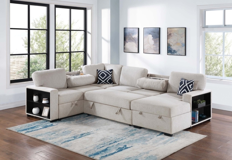 Oatmeal Sectional Sleeper: Armrest Shelving & Fold-Down Console