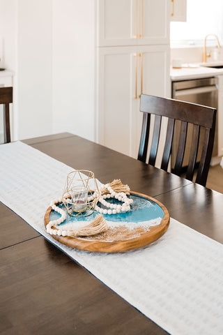 Ocean Resin Lazy Susan, Blue Wave Wood Tray with Gold Wire Accents