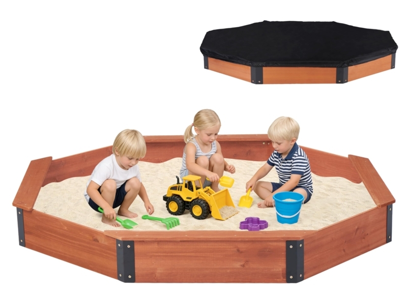 Octagon Sandbox in Wood with Matte Black Hardware Brackets and Benches