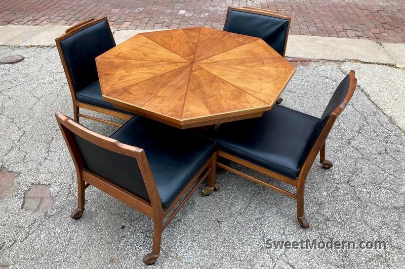 Octagonal Game Table Set with Sunburst Veneer and Caster Wheels