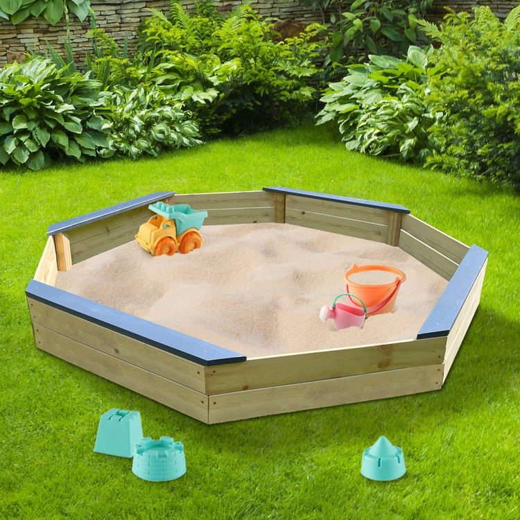 Octagonal Wooden Sandbox with Navy Blue Trim Ledges and Corner Seating