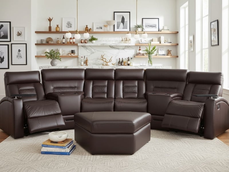 Octane Seating Flex HR Leather Power Reclining Curved Sectional Sofa w/Storage Ottoman in Brown | Power Recline | TheaterSeatStore in Sectional Rows