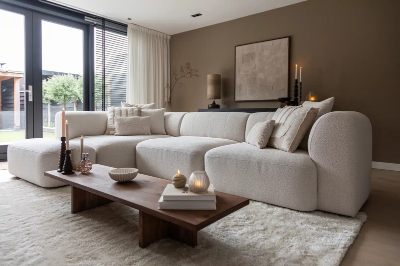 Off-White Modular Sectional featuring Textured Boucle and Rounded Edges