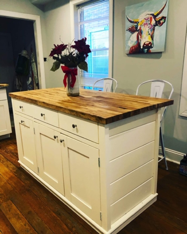 Off-White Shiplap Kitchen Island with Wood Butcher Block Top
