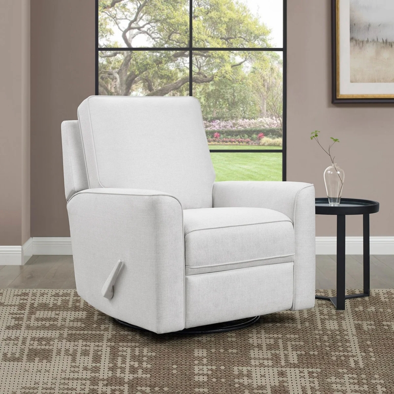 Off-White Swivel Glider Recliner with Piping Trim and Manual Lever