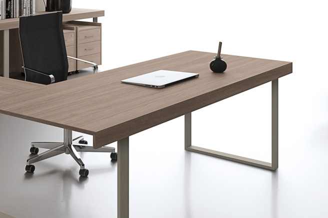 Office Desk with Sled Base, Thick Top, and Warm Grey Wood-Toned Finish