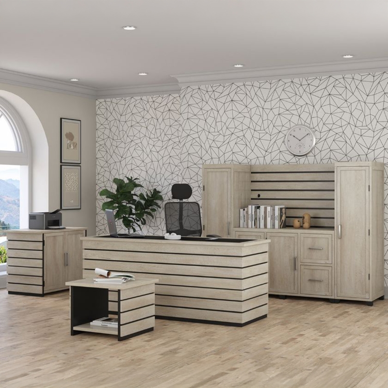 Office Furniture Set Light Oak Whitewashed Horizontal Slatted Rustic
