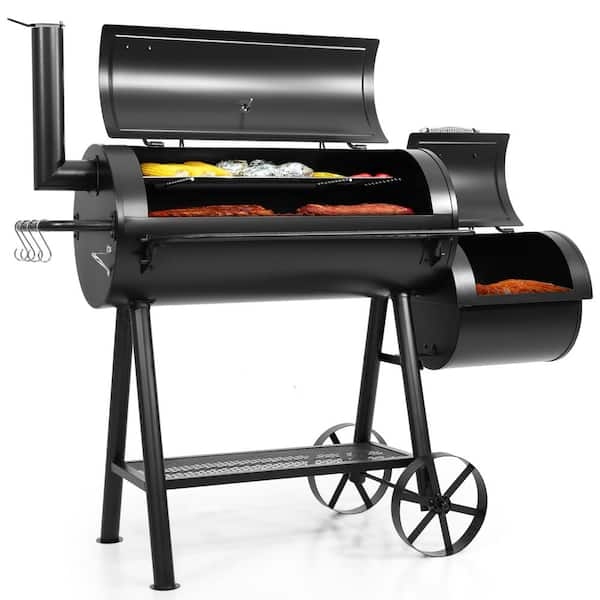 Offset Charcoal Smoker with Hanging S Hooks and Wagon Wheels