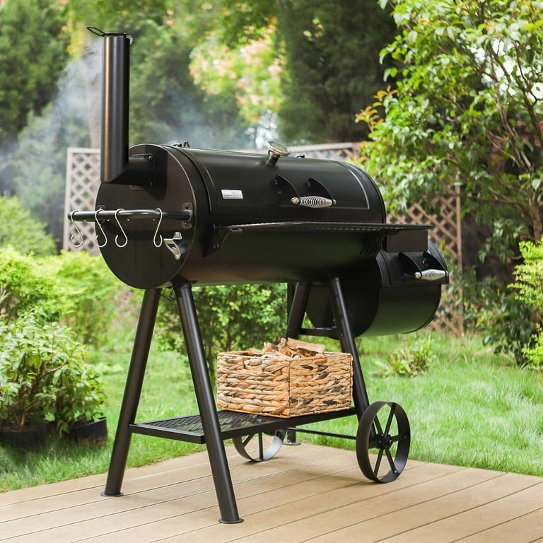 Offset Smoker Grill Matte Black with Wagon Style Wheels