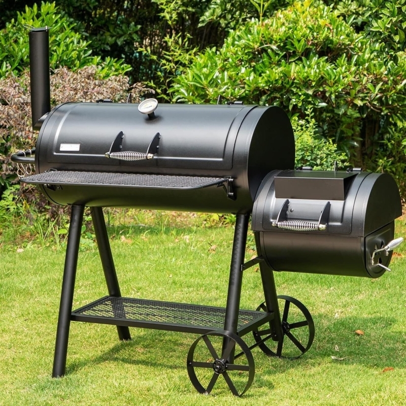 Offset Smoker Grill with Spoked Wheels and Mesh Prep Shelf
