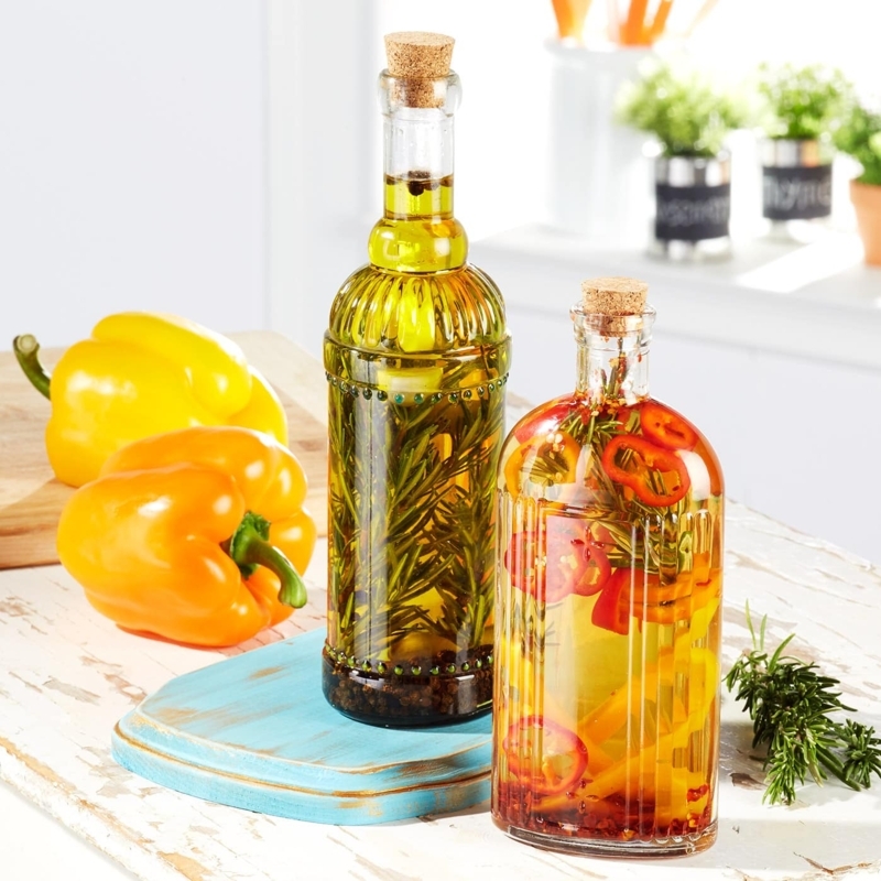 Oil And Vinegar Bottles Fluted Glass Corked Herb Bottles Rustic Farmhouse