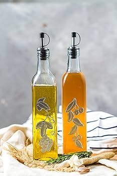 Oil And Vinegar Bottles Silver Tone Accents, Botanical Oil Dispenser Set