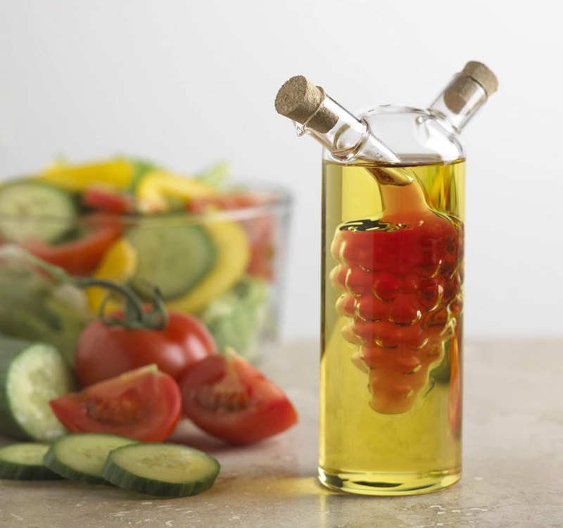 Oil And Vinegar Cruet Grape Inner Vessel, Dual Spout Mediterranean Decor