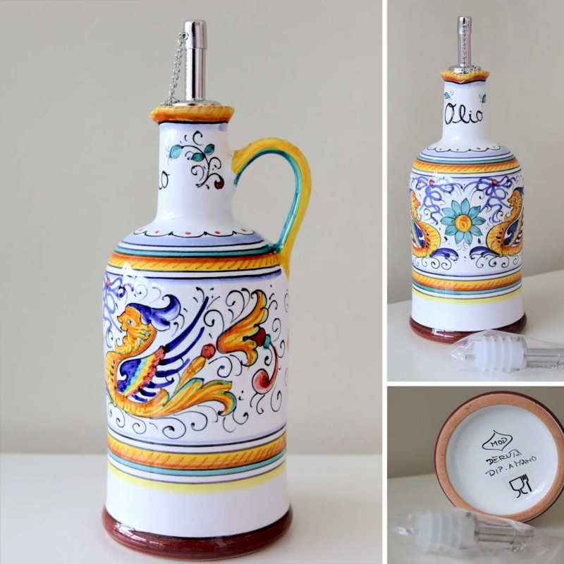 Oil Bottle Hand Painted Griffin Raffaellesco Italian Deruta Ceramic