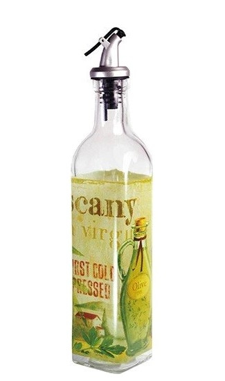 Oil Cruet Tuscan Graphics Square Base, Vintage Style Olive Oil Bottle