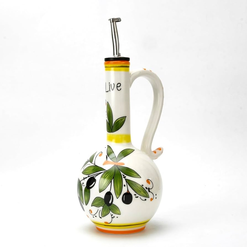 Oil Dispenser Bulbous Base Ceramic Hand Painted Artisan Olive Branch Decor