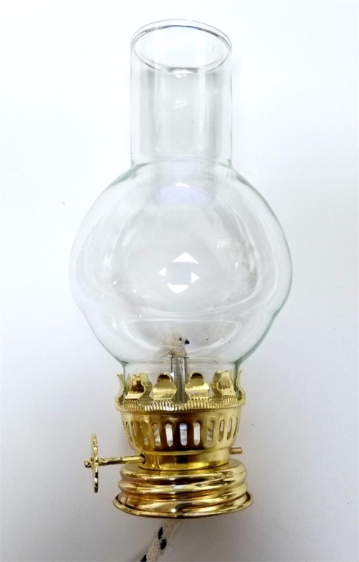 Oil Lamp Burner and Chimney Scalloped Gallery Gold Toned Bulbous Glass