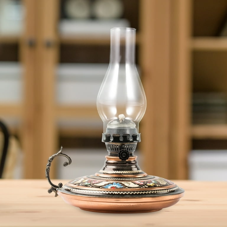 Oil Lamp Copper Base Floral Pattern Clear Glass Chimney Ornate Handle