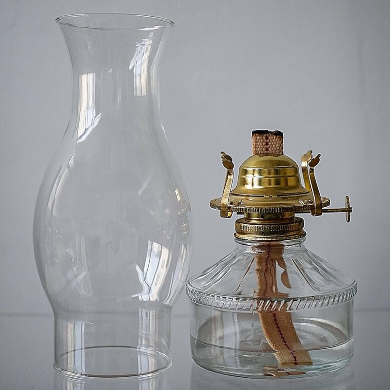 Oil Lamp Faceted Glass Base Polished Gold Burner Clear Hurricane Globe