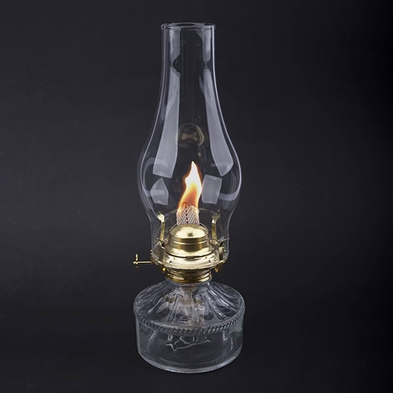 Oil Lamp Hurricane Chimney Brass Toned Burner Fluted Glass Base Traditional