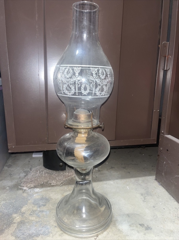 Oil Lamp White Laurel Design Clear Glass Pedestal 19 Inch Height Rustic