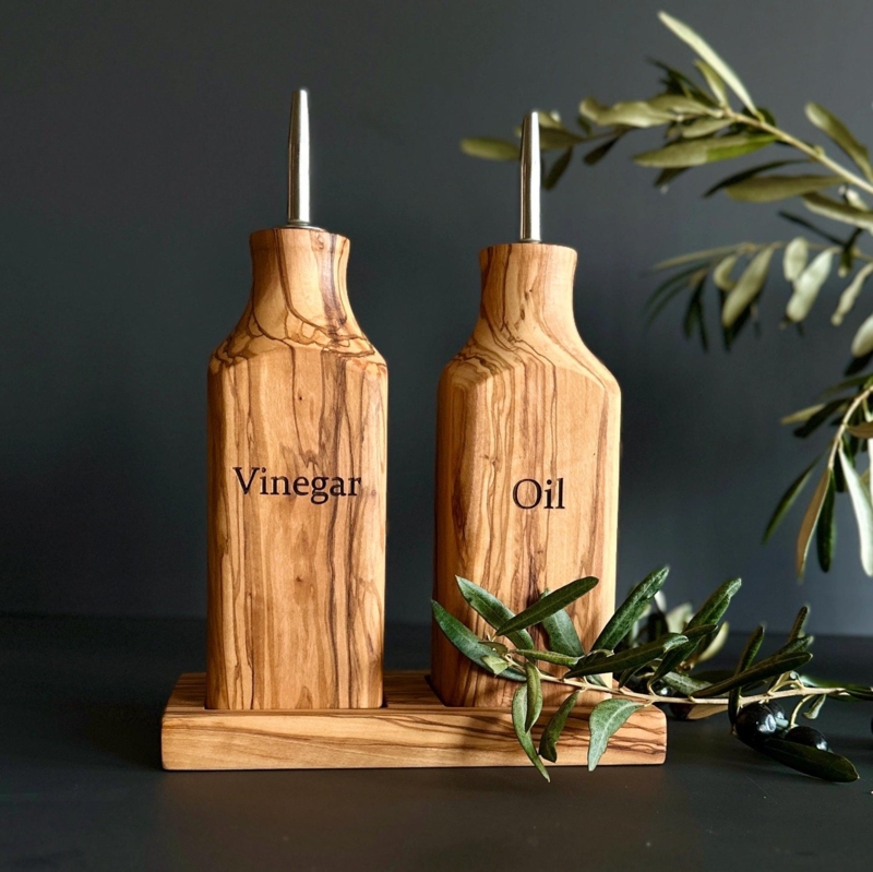 Oil Vinegar Set Figured Olive Wood Engraved Text Rustic Modern Tray