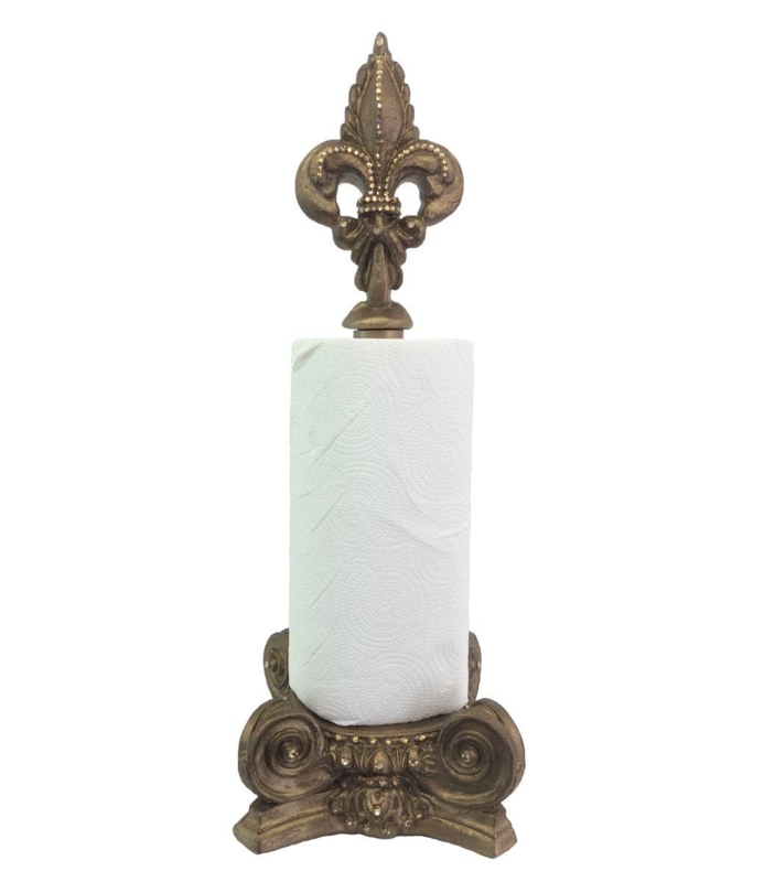Old World Fleur de Lis Paper Towel Holder, Champagne Gold with Crystal
