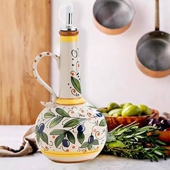 Olive Oil Cruet Ceramic Hand Painted Botanical Tuscan Kitchen Accessories