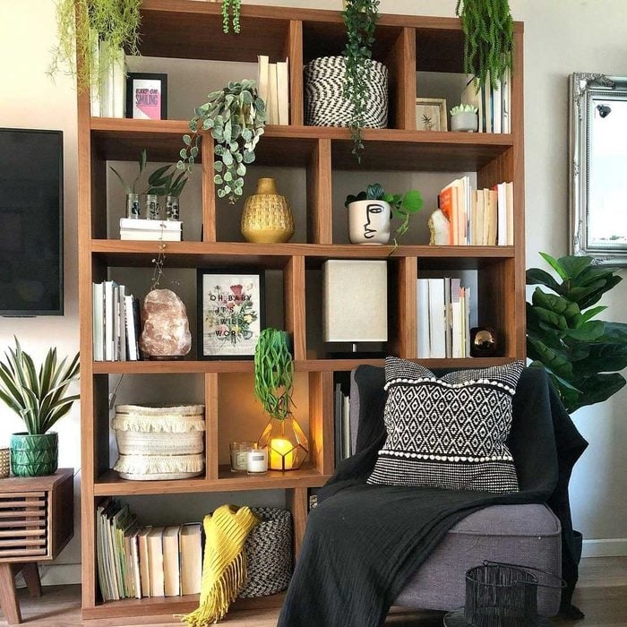 Open Bookshelf: Asymmetric Grid Design in Warm Walnut, Boho Style