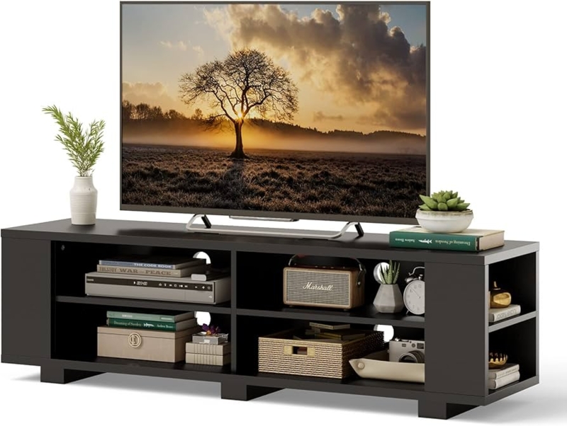 Open Shelf Tv Stand Matte Black with Eight Compartments and Side Access