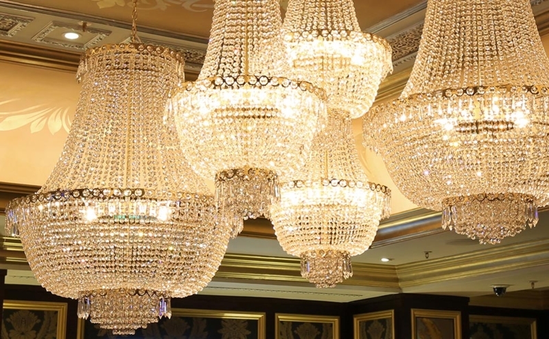 Opulent Gold Tiered Light Scalloped Fringe Faceted Beads Grand Ballroom