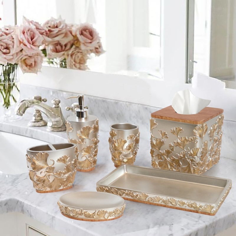 Organic Bath Set Ginkgo Leaf Relief Champagne Gold Sculptural