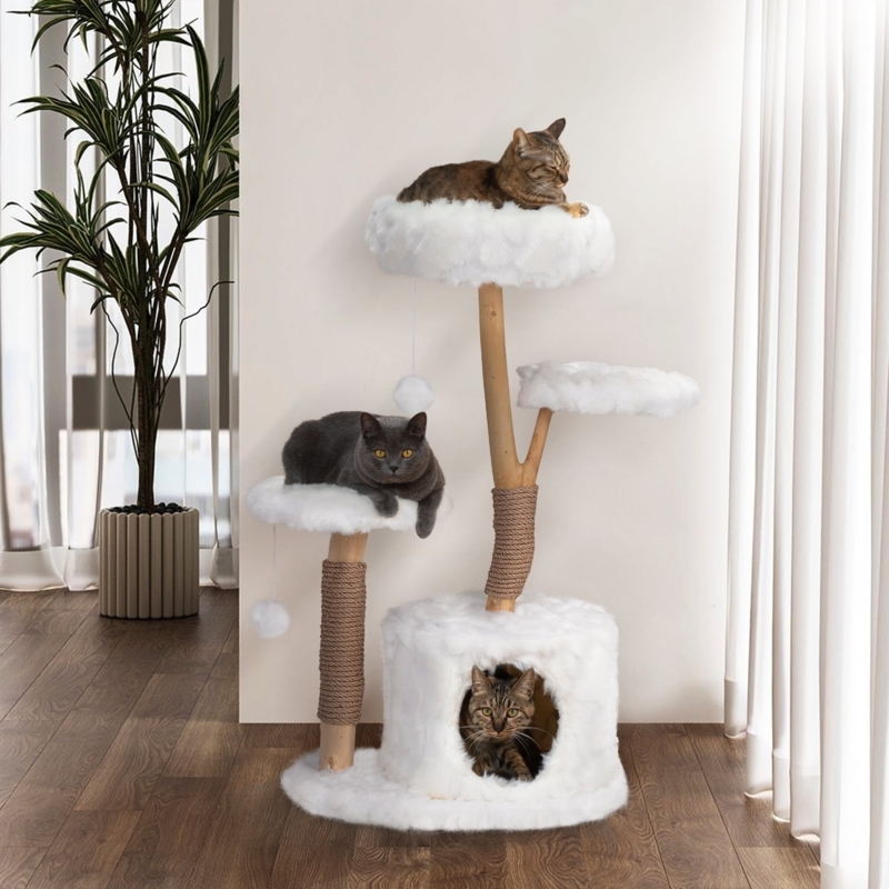 Organic Branch Cat Tree White Faux Fur Natural Frame Cat Cave