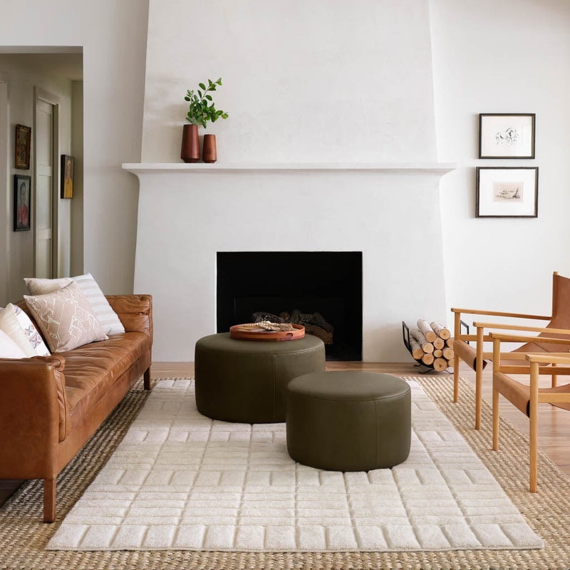Organic Modern Drum Ottoman Olive Green Leather Round Pouf