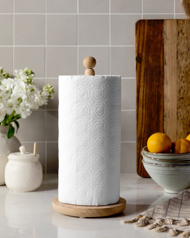 Organic Modern Oak Paper Towel Holder with Wood Ball Finial Pedestal