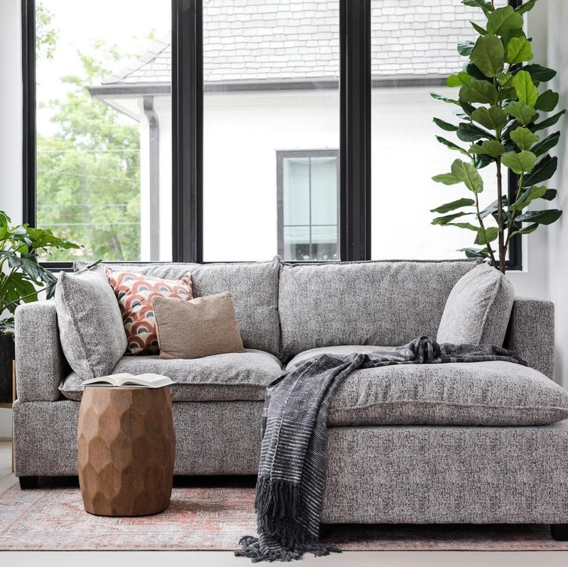 Organic Modern Sectional in Heathered Grey with Deep Seating Profile